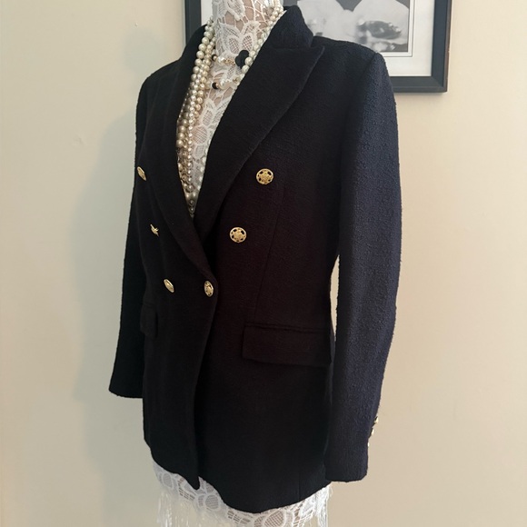 New Zara Tweed Blazer With Gold Buttons Size L Black Double Breasted org $119 - Picture 2 of 16